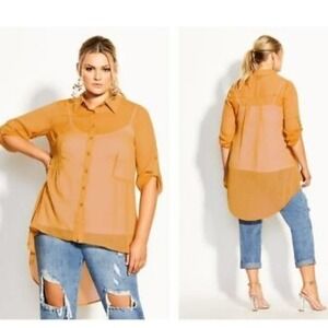 City Chic Golden Shirt‎ Halo Feels Sheer Roll Tab Button Down High Low Top M 18